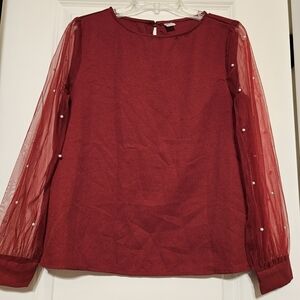 Chic Burgundy Blouse with Sheer Sleeves